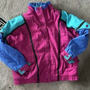 Vintage 80s Neon Colorblock Apres Ski Jacket Pink Blue Teal Puffer Coat Womens M